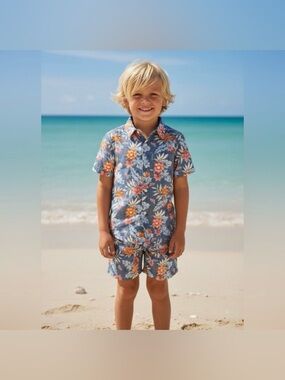NWT- Janie and Jack Blue Floral Shirt & Swim Trunks Set